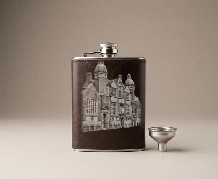 Leather Hip Flask, 8 oz, with funnel, unmarked
