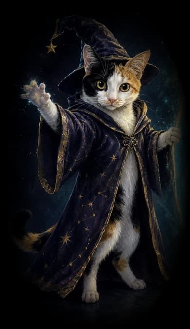 Dax, a calico cat in a wizard's robe, holding open a doorway of light